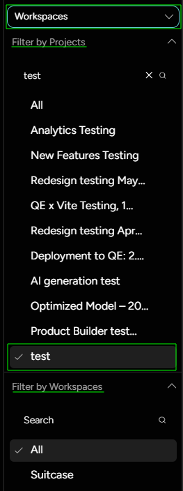 Figure 3. Choosing projects and workspaces for analytics report