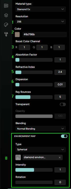 Figure 1. Diamond Shader Parameters (marked 1-8)