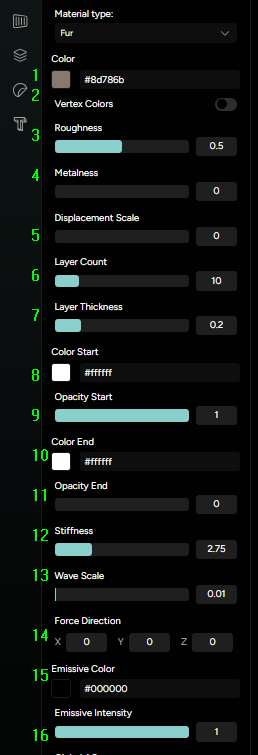 Figure 1. Fur Shader Parameters (marked 1-16)